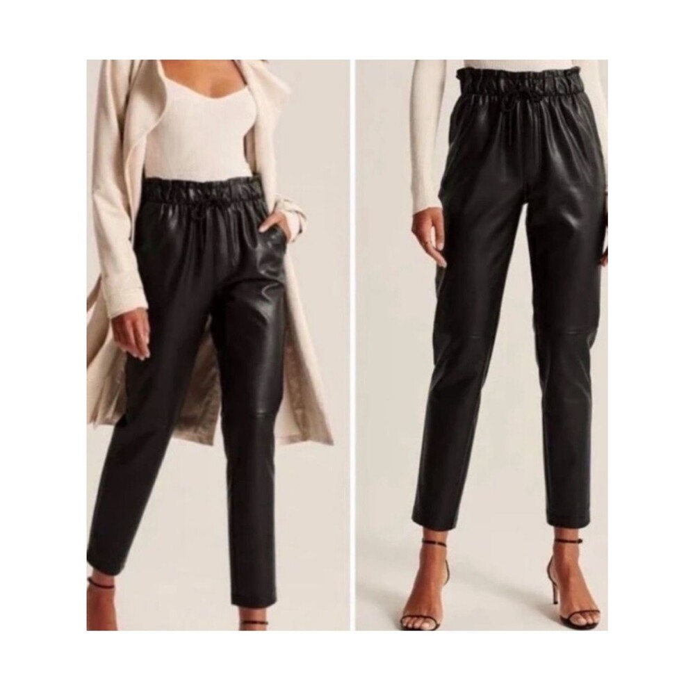 Abercrombie & Fitch Black Faux Leather Straight Pull On Drawstring Pants Sz XS